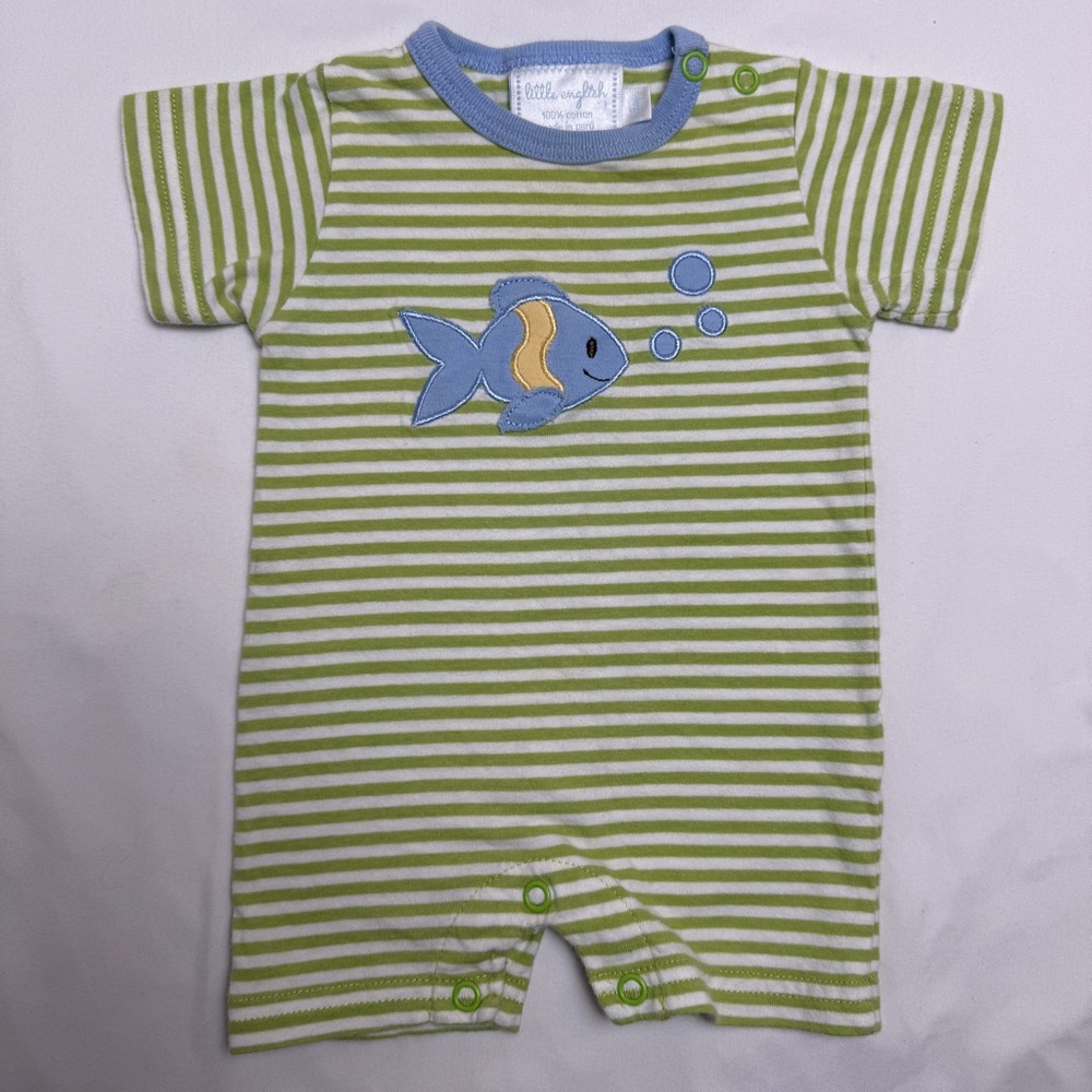 Little English Green and White Striped Bodysuit with Fish Appliqué